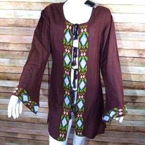 Inca Beaded jacket coat tunic top bathing suit cover up beads linen NWT New Med